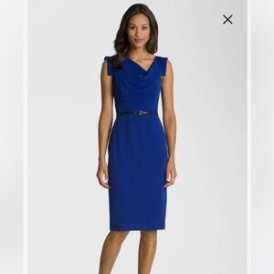 Black Halo Jackie O Belted Stretch Gabardine Sheath Dress in Cobalt